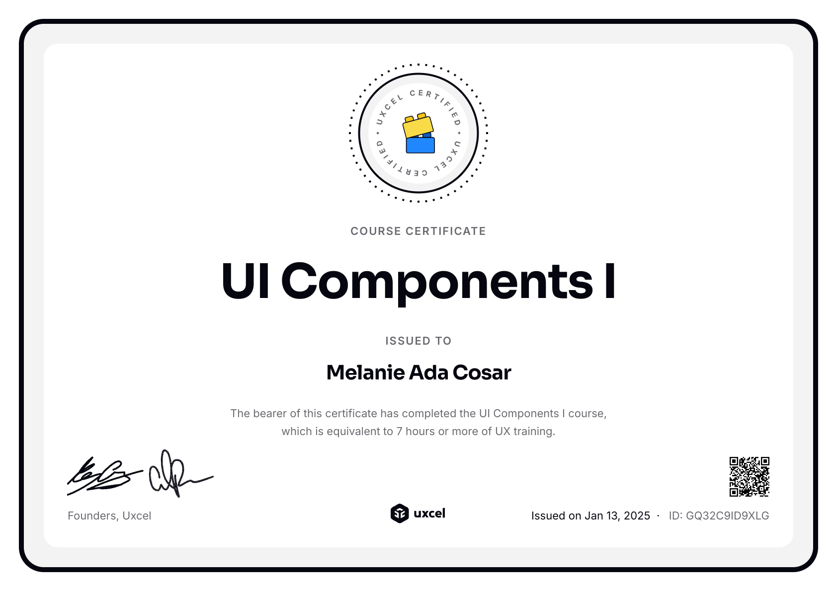 Melanie Ada Coşar's certificate